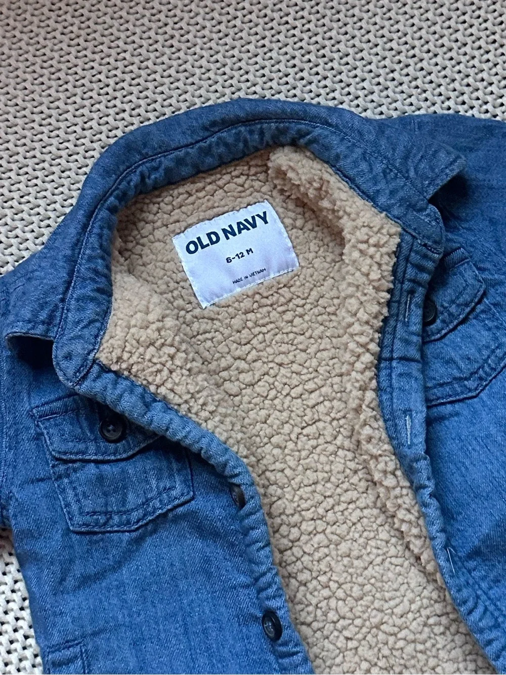 6-12 Months Denim-Style Jacket with Cream Sherpa Lining